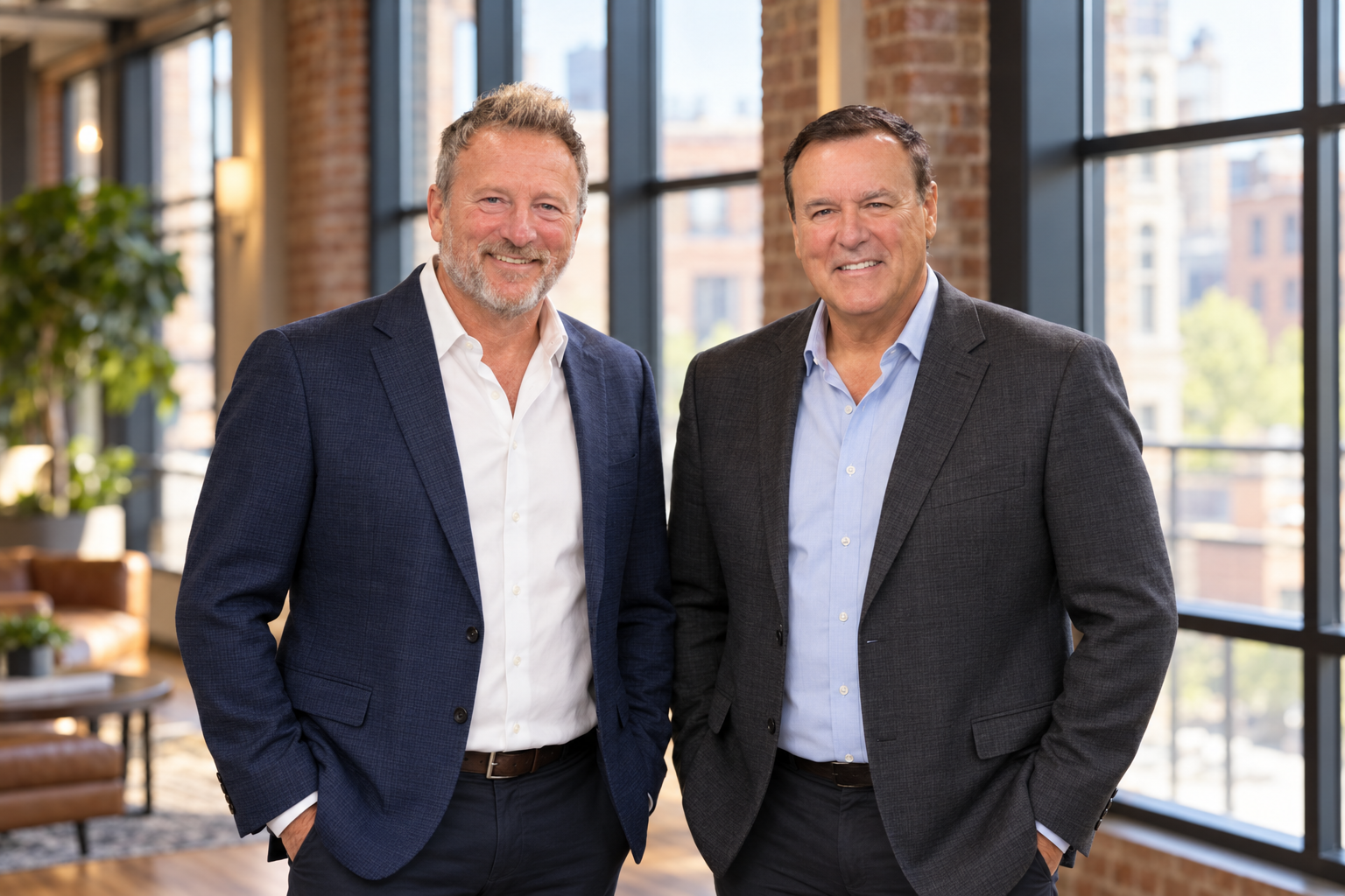 Neil G. Socquet and Ross M. Budrakey of Highest Use Commercial Real Estate in a commercial building lobby