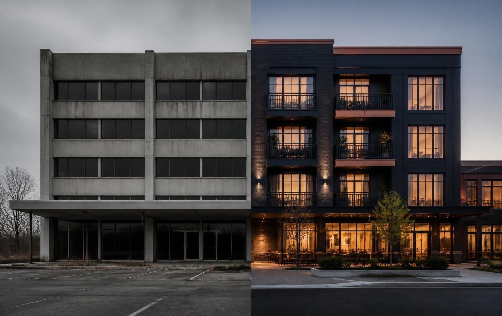 Split view of a vacant concrete commercial office building on the left and the same building reimagined as a warmly lit mixed-use residential property on the right